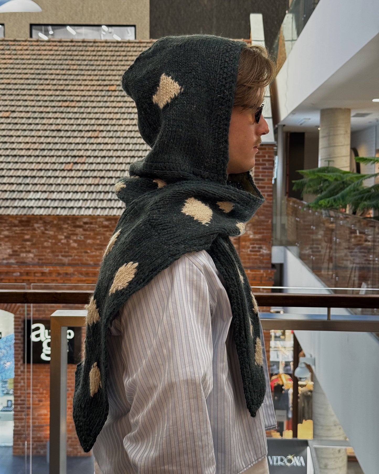 Dark Green Knitted Woven HoodScarf