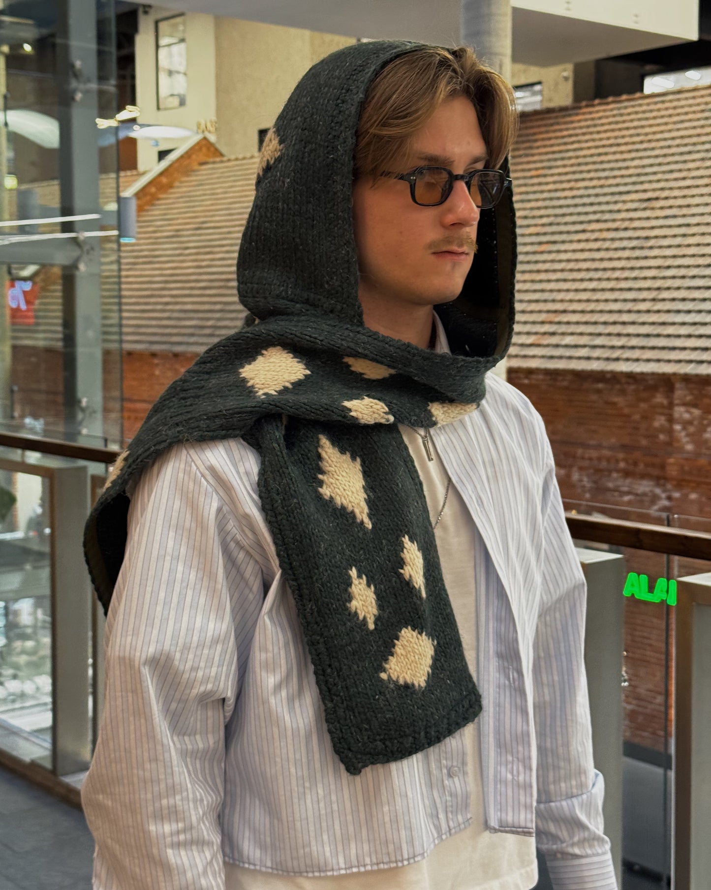 Dark Green Knitted Woven HoodScarf