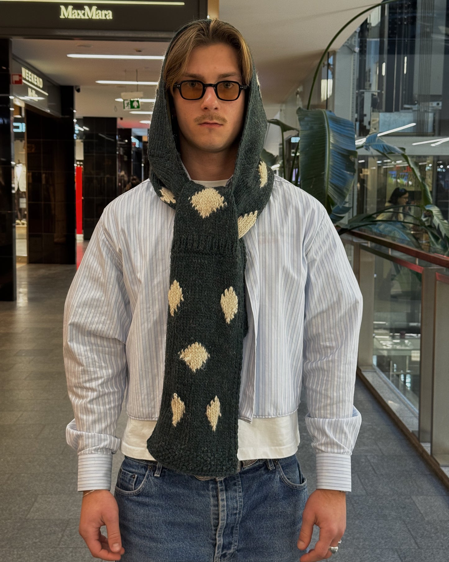Dark Green Knitted Woven HoodScarf