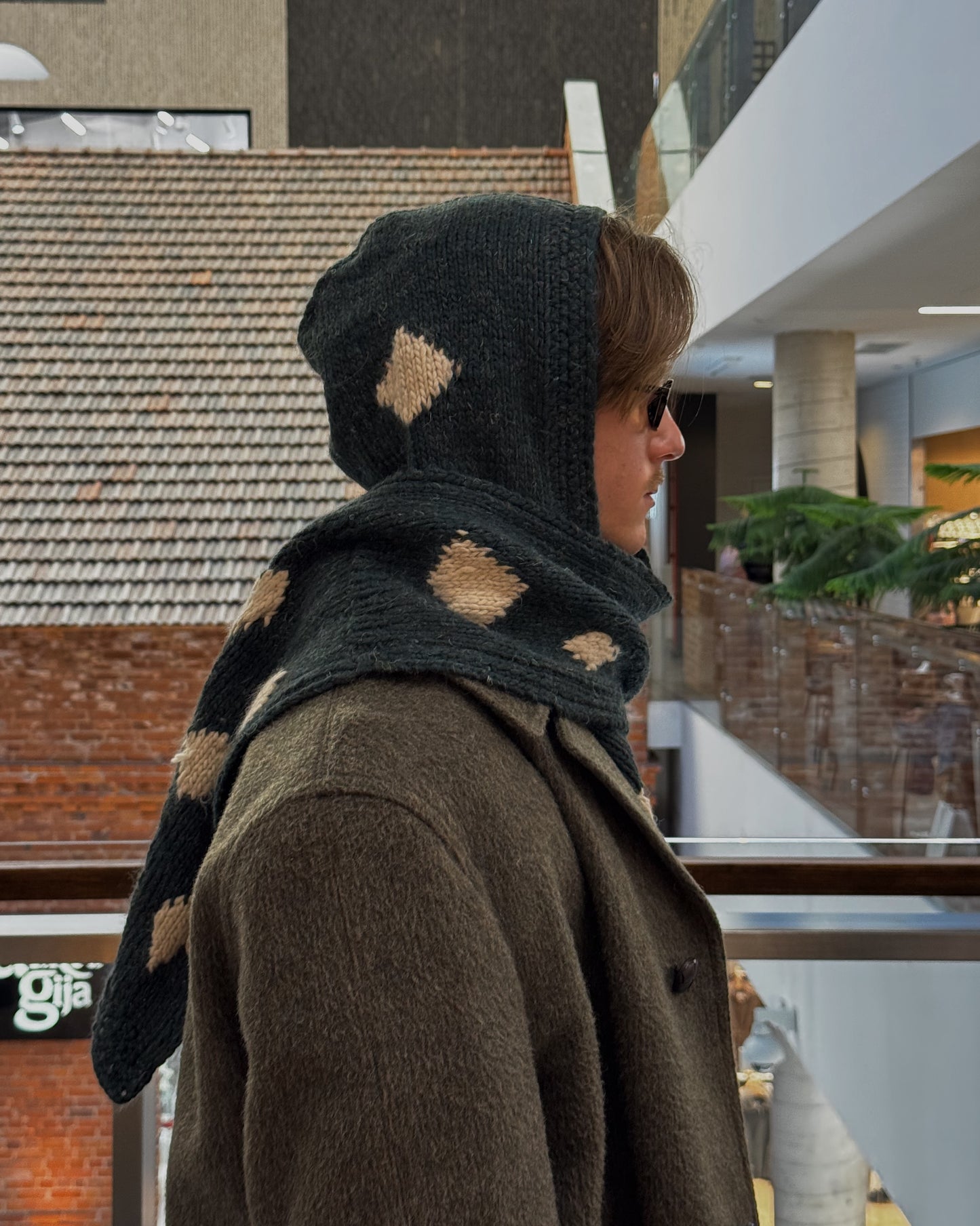 Dark Green Knitted Woven HoodScarf