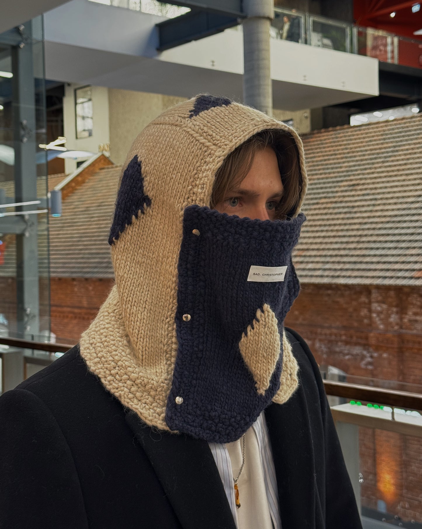 Beige/Blue Woven Knitted Hood + Accessories