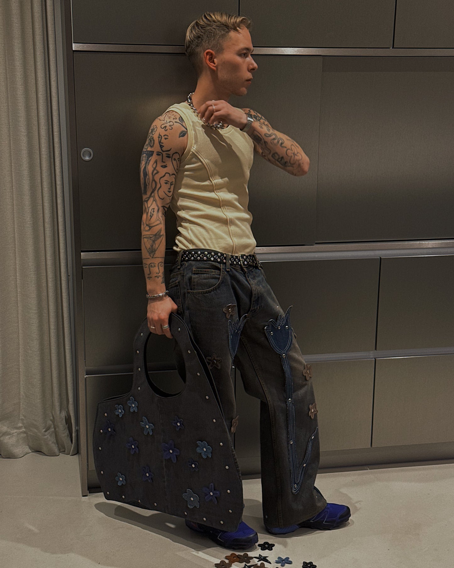 1/1 Studded Sculptural Black/Grey Denim Bag