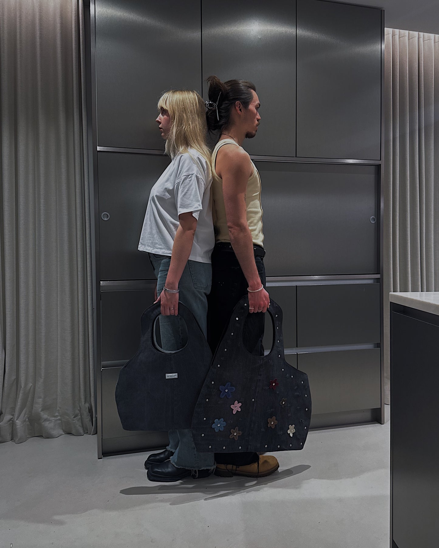 1/1 Sculptural Denim Midi Bag Black + Blue Front