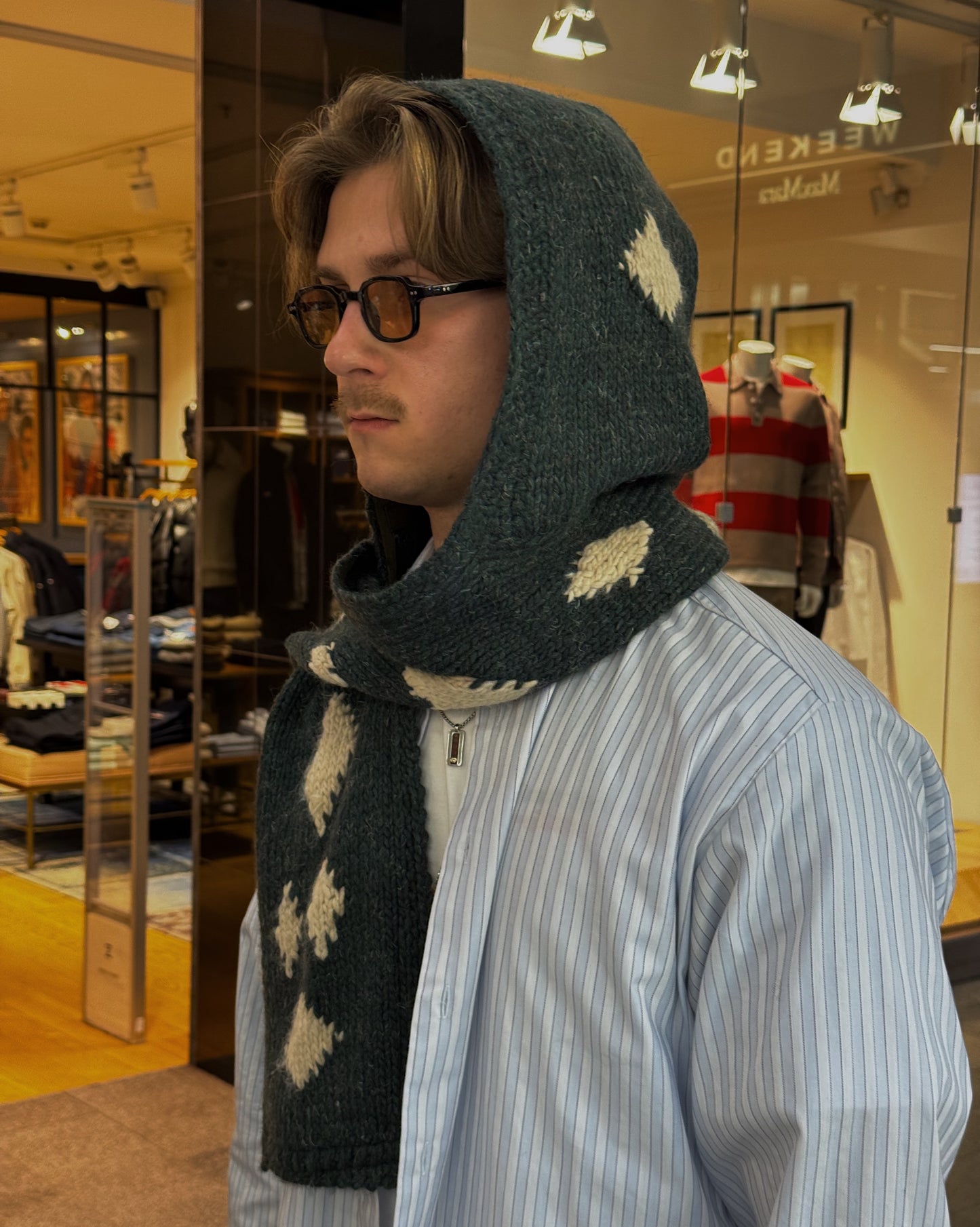 Dark Green Knitted Woven HoodScarf