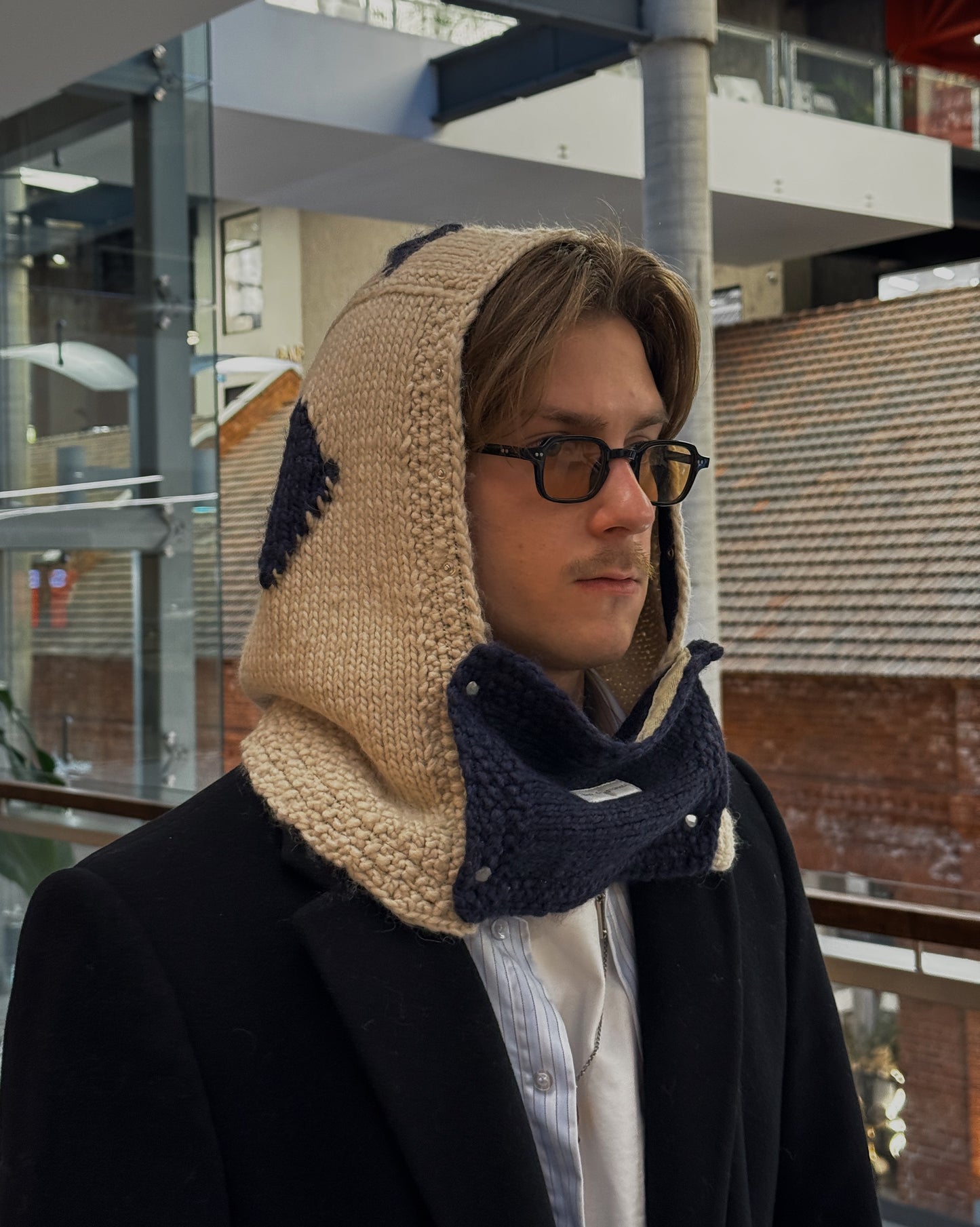 Beige/Blue Woven Knitted Hood + Accessories