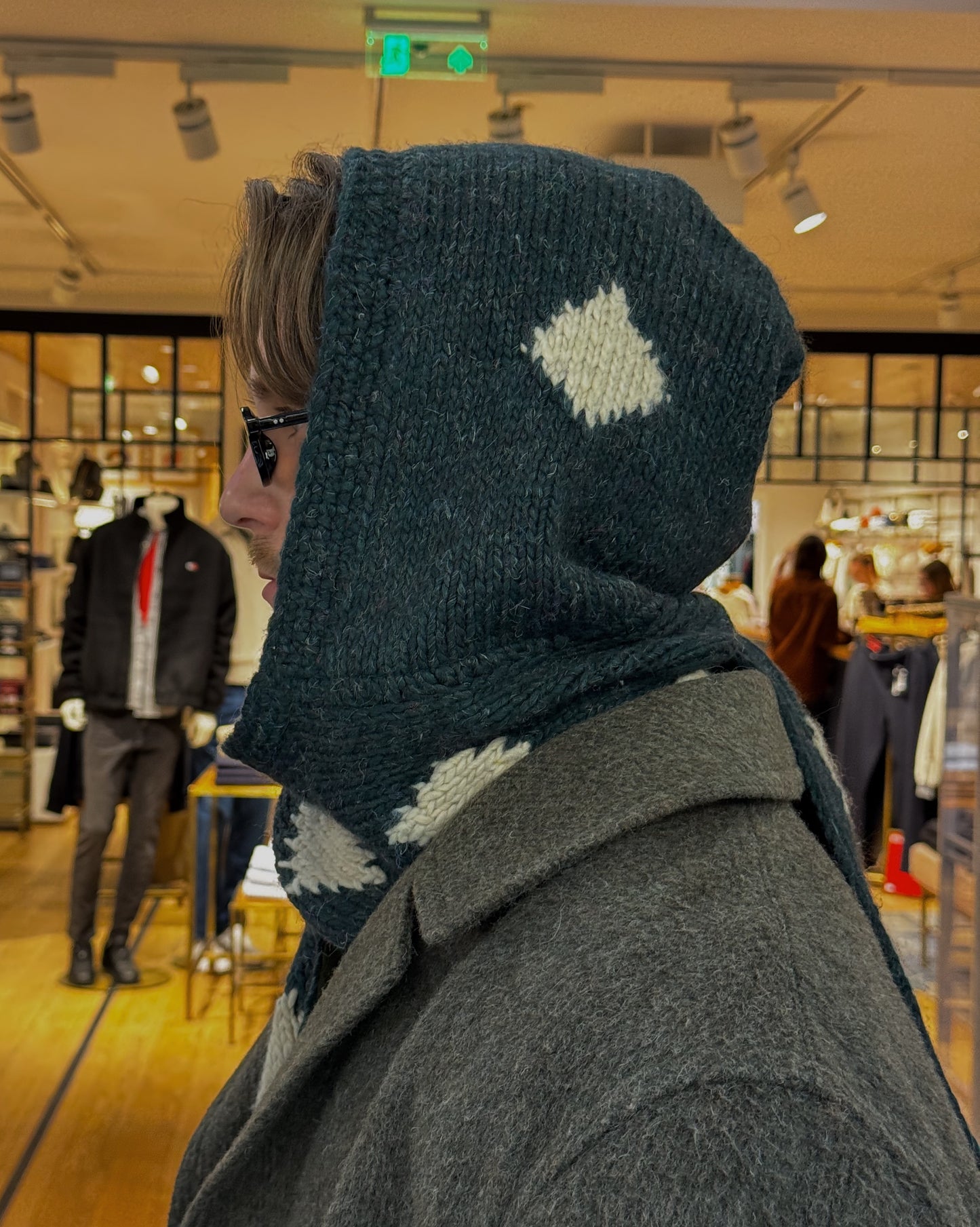 Dark Green Knitted Woven HoodScarf