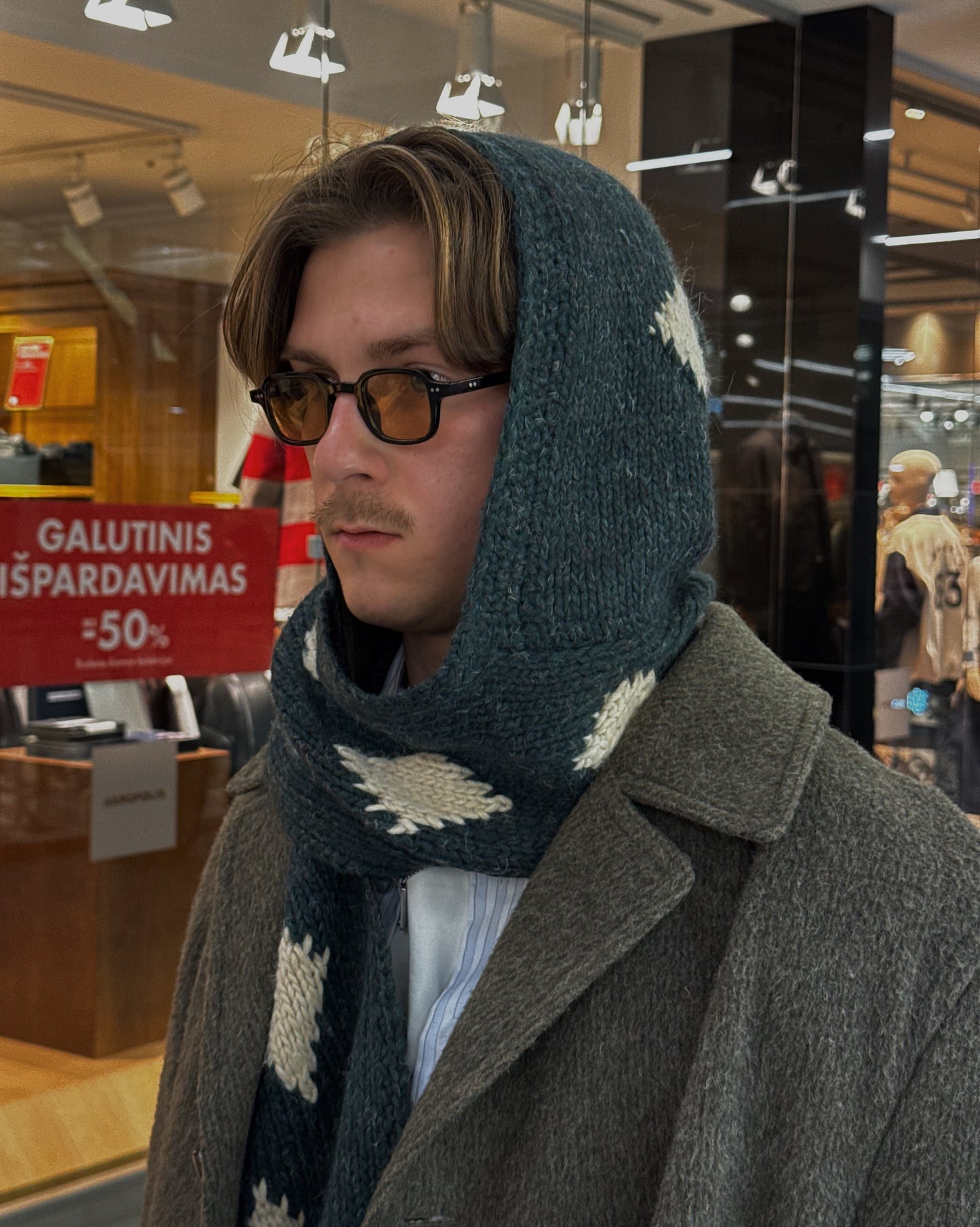 Dark Green Knitted Woven HoodScarf