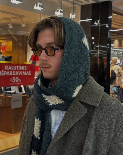 Dark Green Knitted Woven HoodScarf